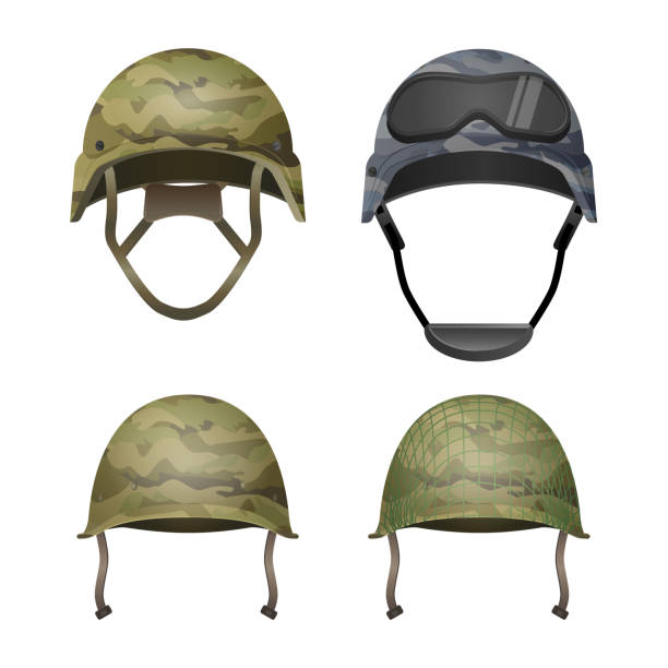 istock Set of military camouflage helmets in khaki camo colors 636611542