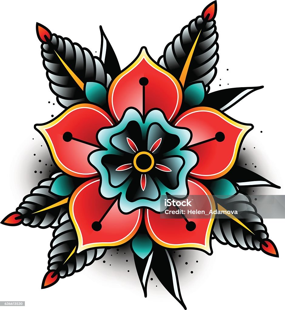 Old school tatuagem flor - Vetor de Colorido royalty-free