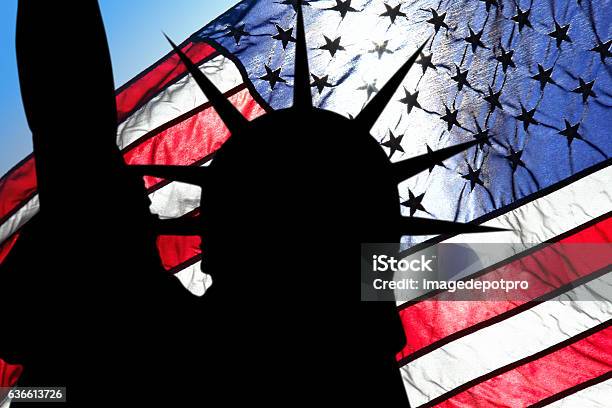 Statue Of Liberty And American Flag Stock Photo - Download Image Now - Dedication, Statue of Liberty - New York City, Emigration and Immigration