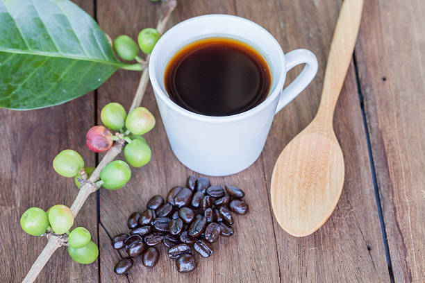 istock Fresh coffee beans on wood and coffee cup 636613876