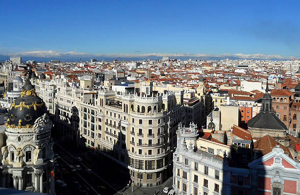 istock Breathtaking view from above of cityscape under blue sky, Madrid 636614138