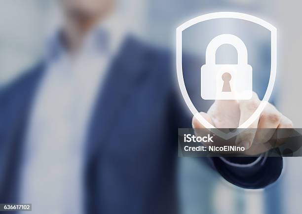 Person Touching Shield With Lock Concept About Security Cybersecurity Protection Stock Photo - Download Image Now