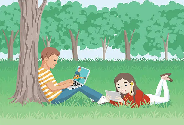 Vector illustration of Vector illustration - Students with laptop and tablet on grass