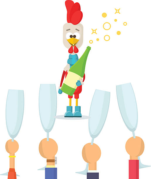 istock Happy New Year. Red rooster with champagne bottle and hand 636623344