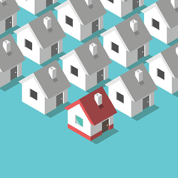 Isometric houses, home concept Many black and white isometric houses and a colorful one. Real estate, rent and home concept. Flat design. EPS 8 vector illustration, no transparency estate stock illustrations