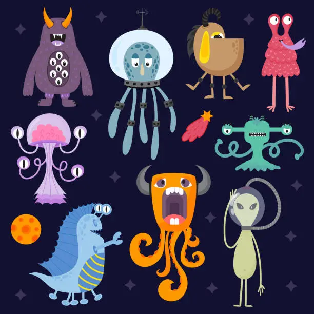 Vector illustration of Set of different cute funny cartoon monsters.