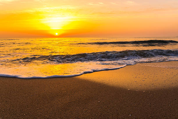 istock Golden sunrise sunset over the sea ocean waves 636628260