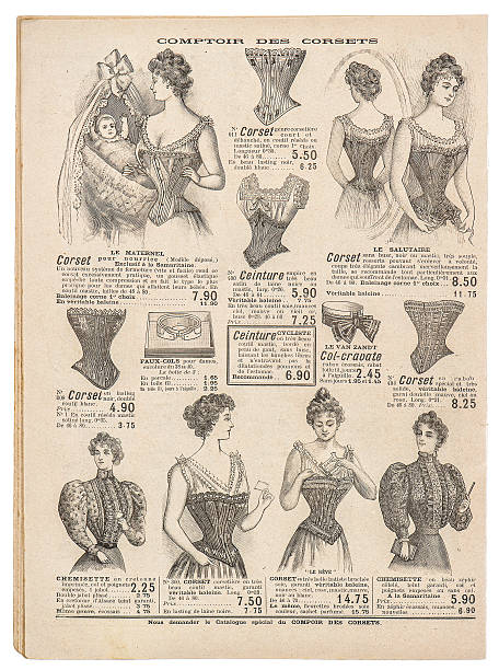 vintage corset antique engraved picture fashion shopping paris - bustiers imagens e fotografias de stock