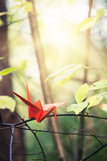 istock Red and white origami cranes on a tree 636632222