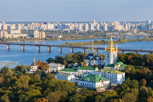 View of Kiev Pechersk Lavra, city and Dnepr river. Kiev, Ukraine.