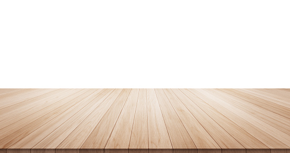 Mesa de madera vacía aislado sobre un fondo blanco photo