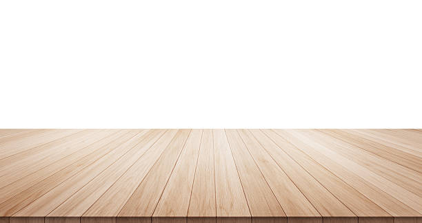table en bois vide seul sur fond blanc - effet de perspective photos et images de collection