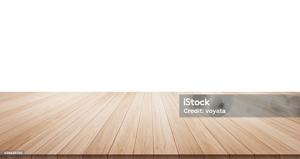 Empty wood table isolated on white background Empty wood table top isolated on white background for display or montage product Wood - Material Stock Photo