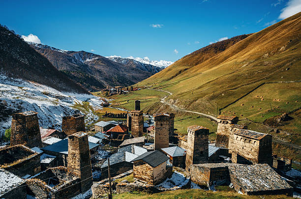 Svan Towers in Ushguli towers , Svaneti, Georgia. Georgian landmarks Svan Towers in Ushguli and Inguri river in autumn. One of the highest inhabited village in Europe. Caucasus, Upper Svaneti, Georgia. UNESCO World Heritage Site. View of Chajhashi and Murkmeli. Georgian landmarks georgia country stock pictures, royalty-free photos & images