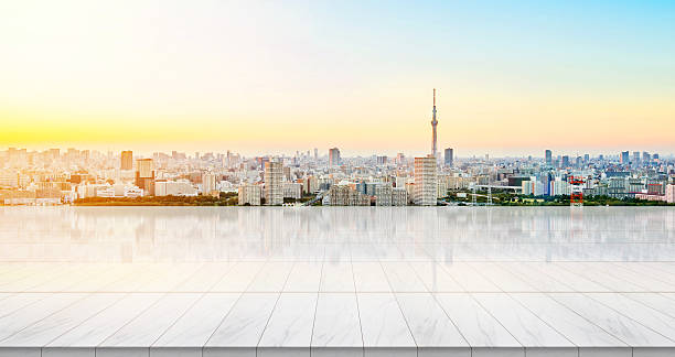 piso de mármore vazio com vista panorâmica da cidade de tóquio - tokyo prefecture skyline japan panoramic - fotografias e filmes do acervo