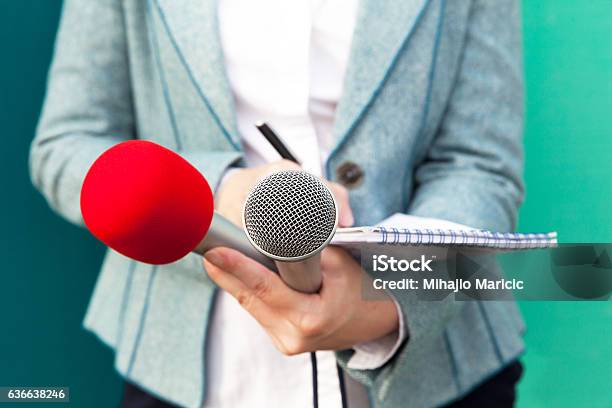 Female Reporter At News Conference Writing Notes Stock Photo - Download Image Now - Media Interview, Females, Interview - Event