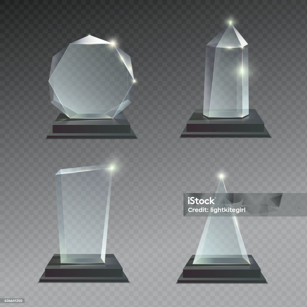 Empty glass trophy awards vector set. Empty glass trophy awards vector set. Glossy transparent realistic reward for winner and champion illustration Trophy - Award stock vector