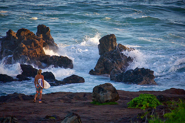 Ho'okipa, Hawaii, USA - December 1, 2015: Surfer overlooking the water at Hookipa, Maui. Hookipa is a beach on the north shore of Maui, Hawaii, USA, perhaps the most renowned windsurfing site in the world.