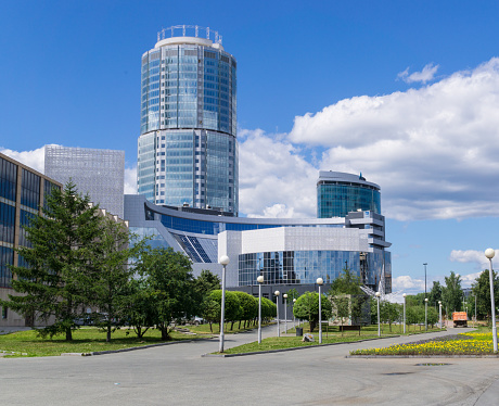 Yekaterinburg, Russia - July 7, 2016: Summer view of Boris Yeltsin Presidential Center (Yeltsin Center) and Iset Tower.