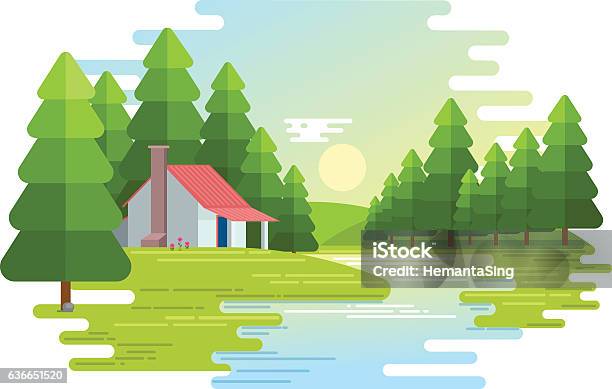 Vector Illustration Of Nature Morning Landscape Stock Illustration - Download Image Now - Clip Art, Design, Flat Design