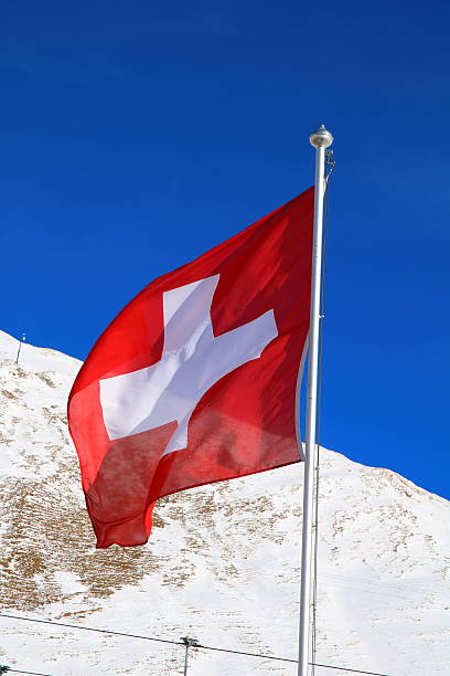istock Switzerland - flag and winter alps 636653196