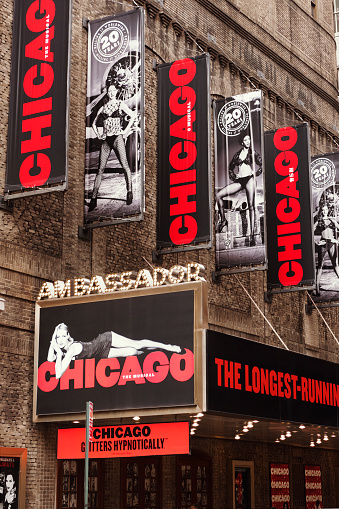 New York, United States - October 17, 2016: Chicago Theatre on Broadway, New York City - A true New York City institution, CHICAGO has everything that makes Broadway great: a universal tale of fame, fortune and all that jazz; one show-stopping song after another; and the most astonishing dancing you've ever seen. 