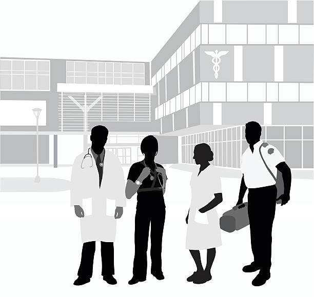 Hospital Staff Colleagues A vector silhouette illustration of a medical care crew standing outside of a hospital including a doctore, nurse, medical office assiatant, and paramedic. paramedic stock illustrations
