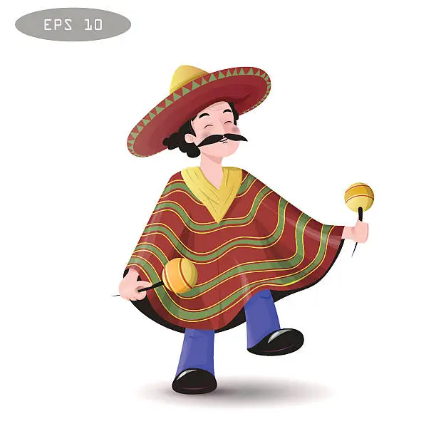 Vector illustration of Cartoon Mexican man in a sombrero and poncho.