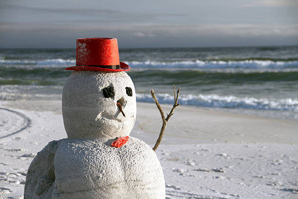 istock Snow Christmas snowman in Santa hat at sandy beach 636672936