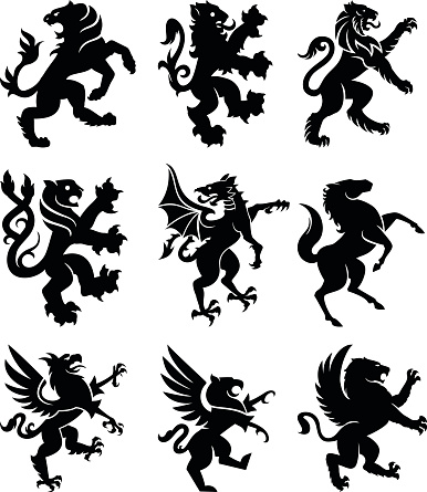 Set of 9 heraldry animals: lions, griffins, horse, dragon