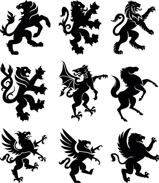 Heraldry animals Set of 9 heraldry animals: lions, griffins, horse, dragon animals crest stock illustrations