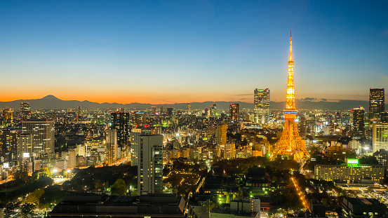 Beautiful tokyo cityscape, Tokyo tower with mt. fuji at twilight time