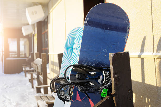 istock Snowboards on the rack in a Sunny day. Ski resort. 636677682