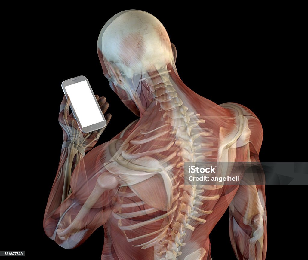 Human anatomy showing wrong postures of using the phone Human anatomy showing wrong postures of using the phone. Wrong angle look at the device screen, causing a problem called "text neck". Text Messaging Stock Photo