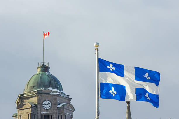 istock Quebec and Canadian flags in Quebec City, QC, Canada 636679320