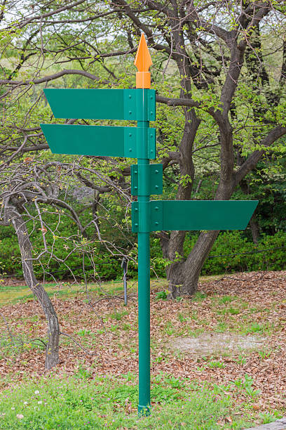 istock Blank direction green signpost in the park. 636681808