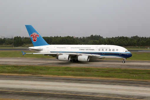 Chengdu, China - May 15, 2016: A China Southern Airbus A380-800 with the registration B-6137 taxis at Chengdu Airport (CTU) in China. China Southern is the largest airline in China as well as in Asia.