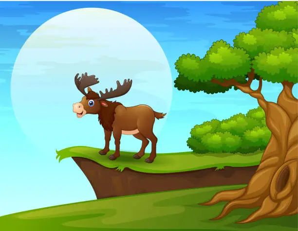 Vector illustration of Cartoon moose near the cliff