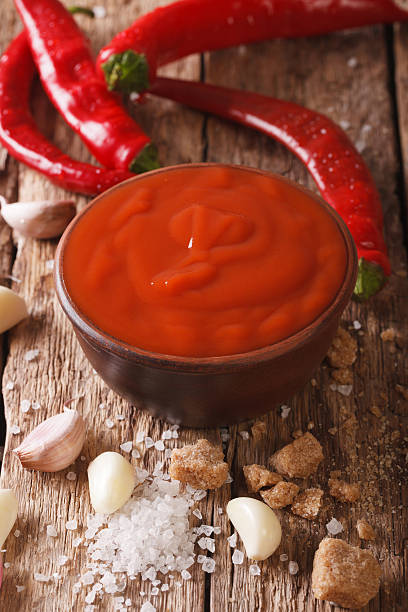 istock Spicy Thai chilli Sriracha sauce with ingredients close-up. vertical 636684482