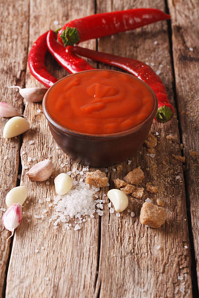 istock Red chilli sauce Sriracha with ingredients close-up. vertical 636684528