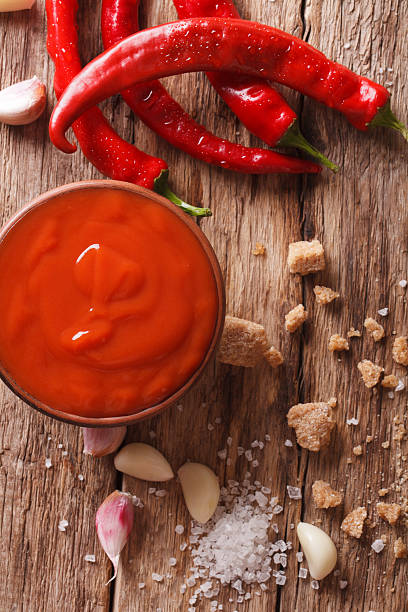 istock Spicy Thai Sriracha sauce with ingredients close-up. vertical 636684592