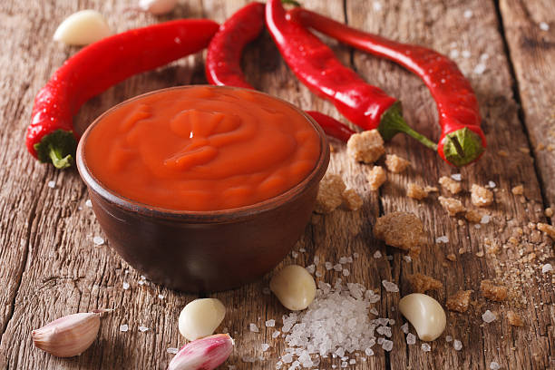 istock Freshly prepared Sriracha Hot chilli Sauce close-up. horizontal 636684628