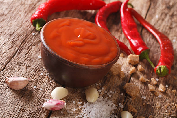 istock Spicy Thai Sriracha sauce with ingredients close-up. Horizontal 636684690