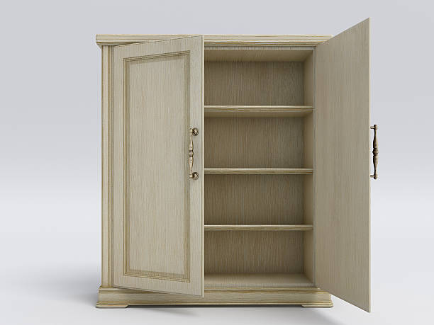 istock wood big white open cupboard; 3d illustration 636690132