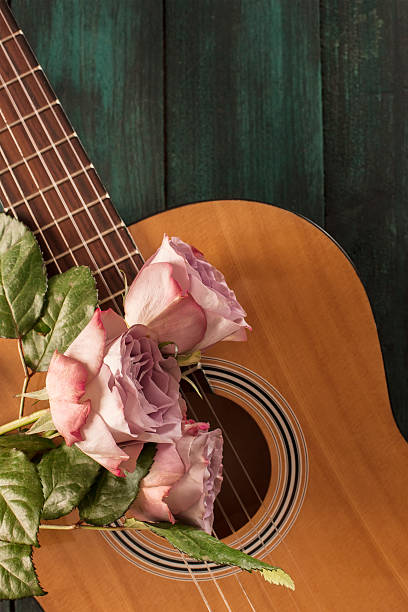 istock Guitar neck with tender pink roses on dark background 636690790