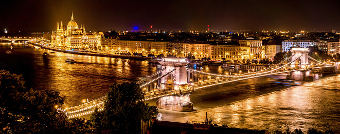 Chain Bridge and Parliament of Budapest at Night. Hungary