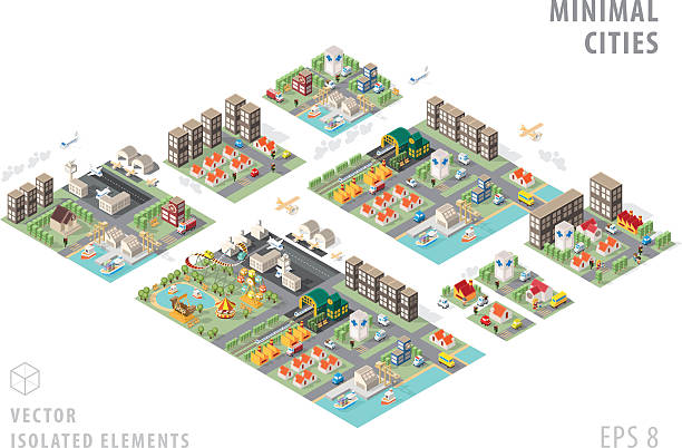 illustrazioni stock, clip art, cartoni animati e icone di tendenza di set di mappe isometriche minime isolate della città. - local bank