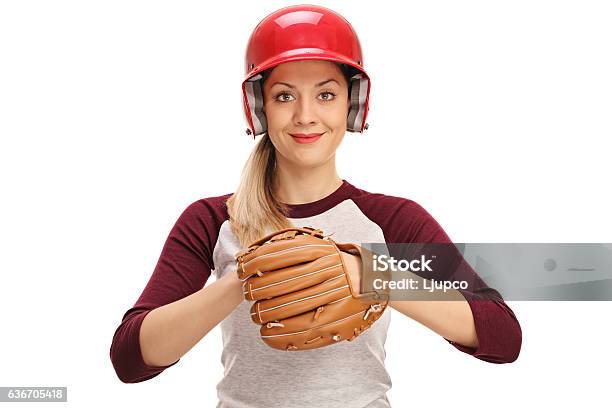 Female Baseball Player With A Glove Stock Photo - Download Image Now - Baseball Glove, Cut Out, 20-29 Years