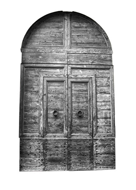 Italian architecture detail. Old medieval style front door in Florence, Italy. Isolated on white background, black and white
