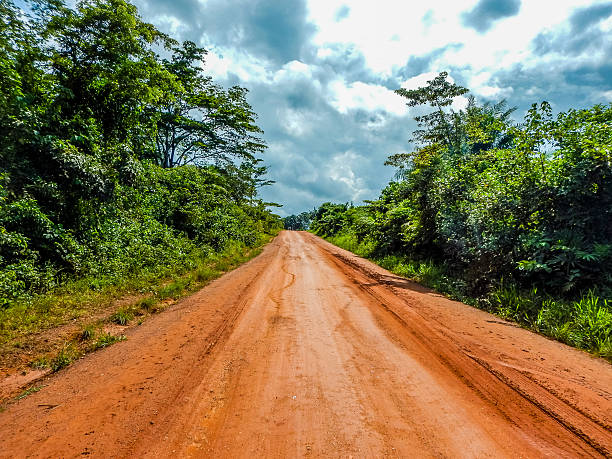 camino rojo de tierra en liberia. áfrica occidental - mud terrain fotografías e imágenes de stock